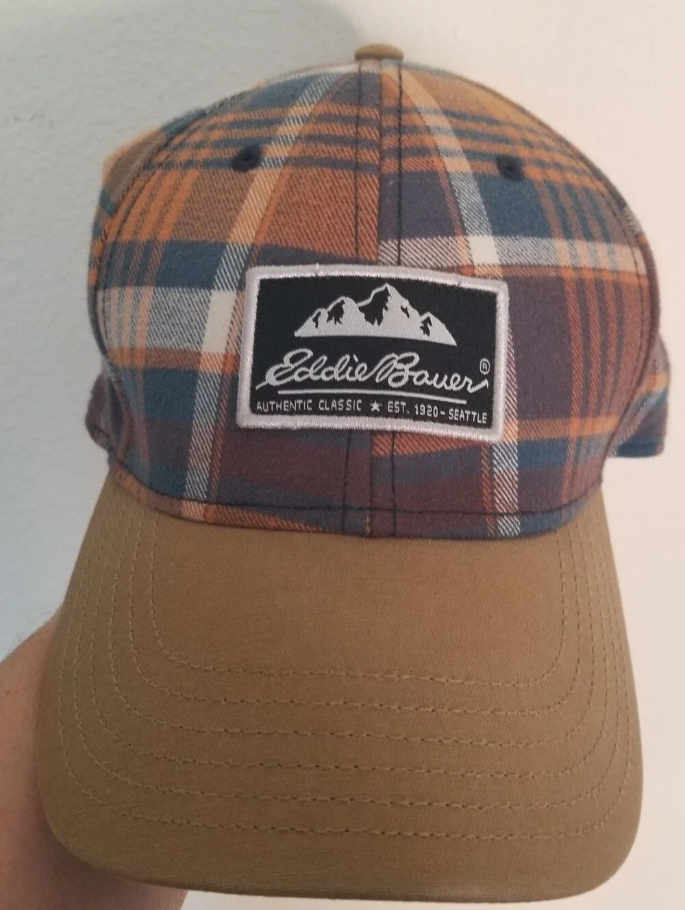 Eddie Bauer 100% Cotton Plaid Flannel Cap Hat Adjustable Strap For Size Blue Brn